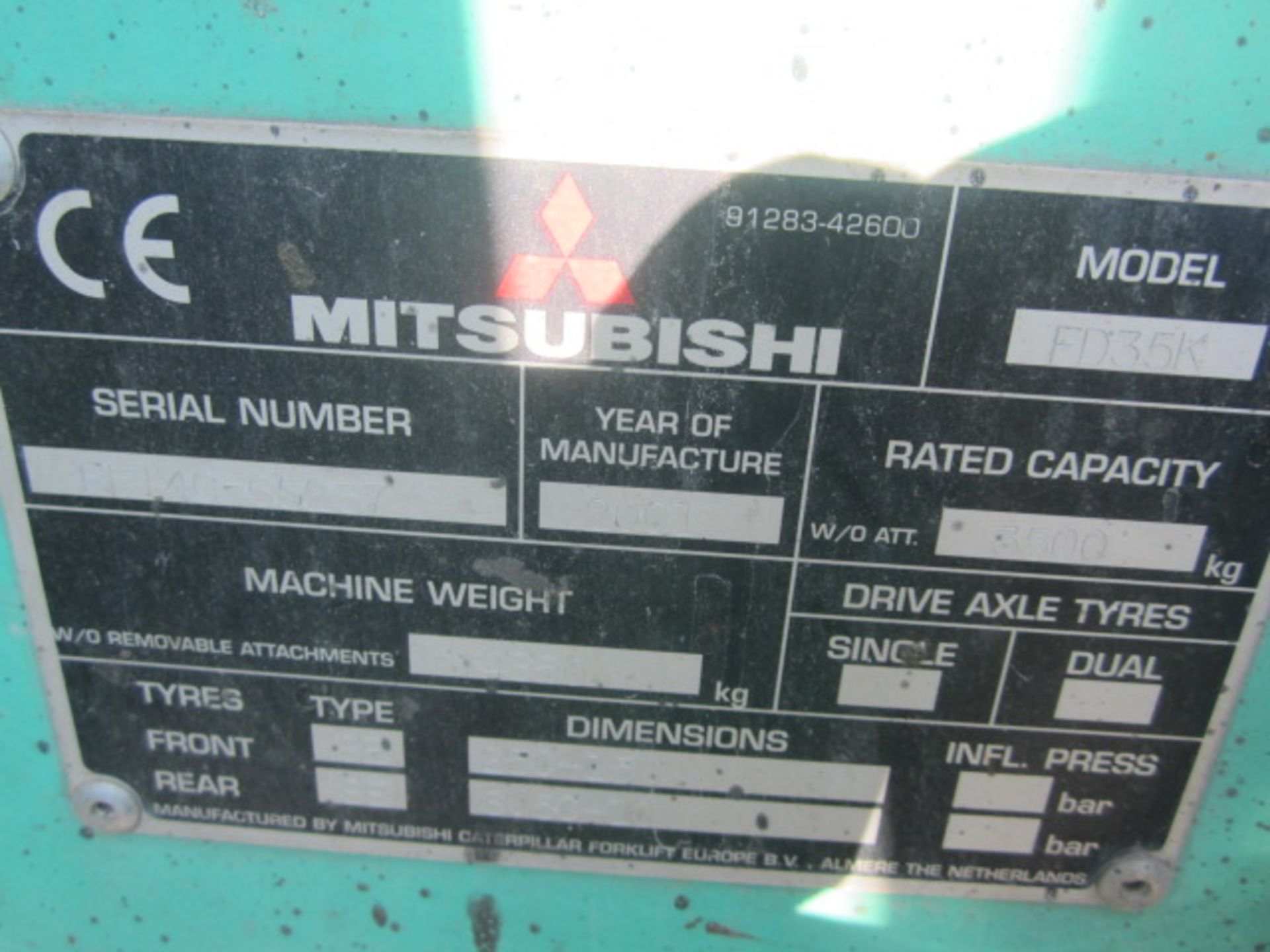Mitsubishi 35 diesel powered duplex mast forklift truck, with side shift and all weather canopy, - Image 11 of 12