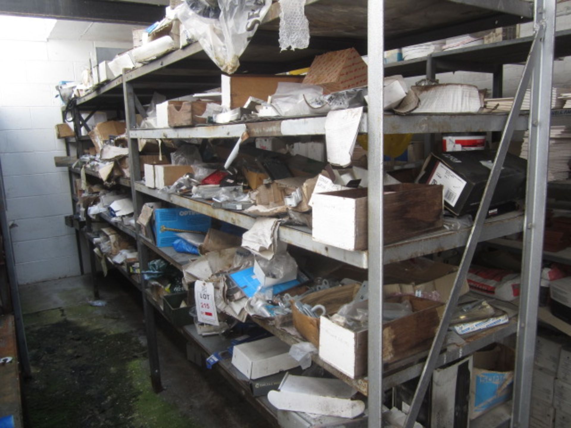 Contents of racking including locks, hangers, ironmongery, bolts, architectural hardwear etc.