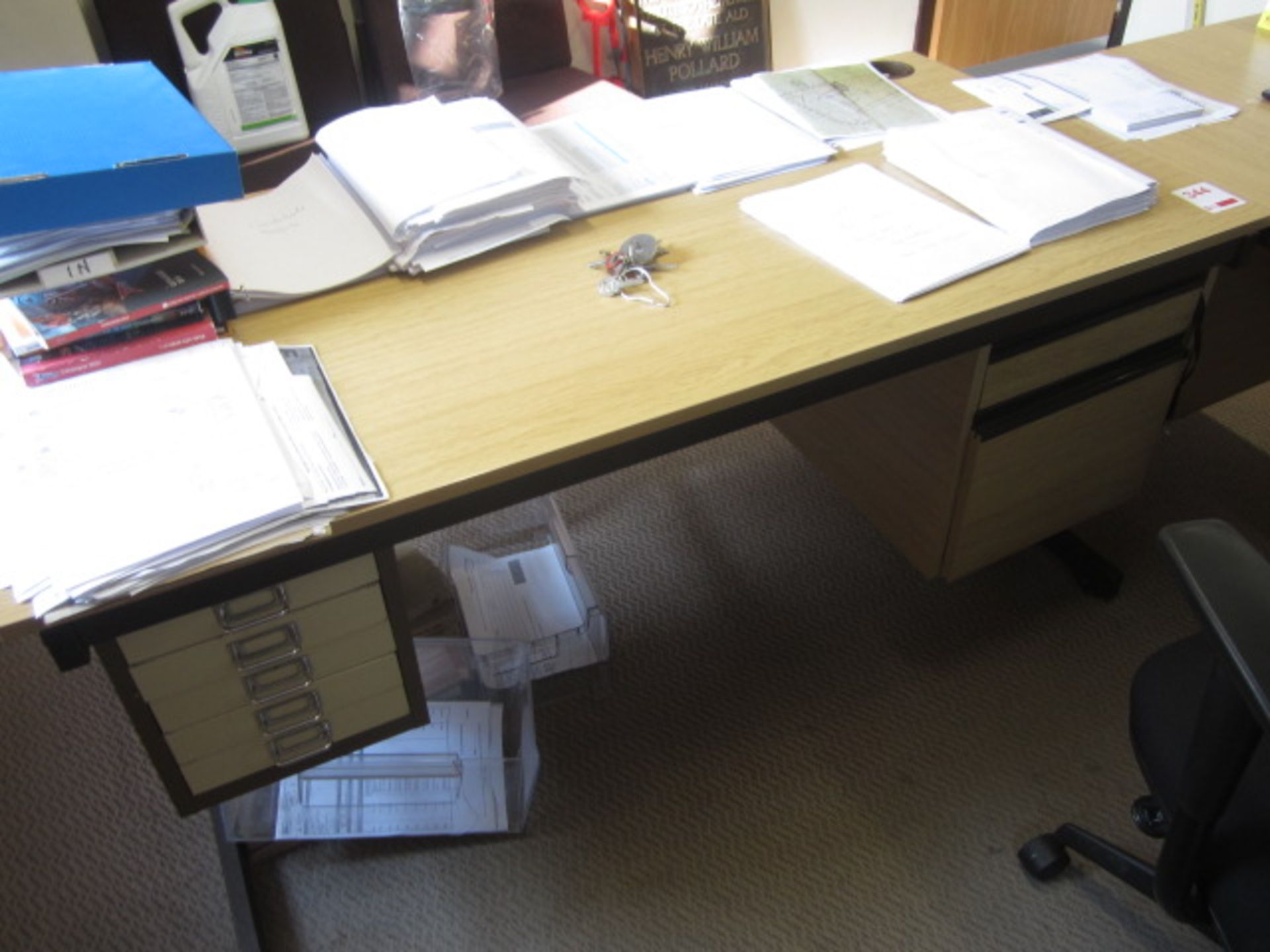 Two wood effect single pedestal desks, steel 2 drawer filing cabinet, upholstered swivel chair, - Image 3 of 6