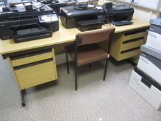 Wood effect double & single pedestal desks, three upholstered chairs, steel 4 drawer filing cabinet