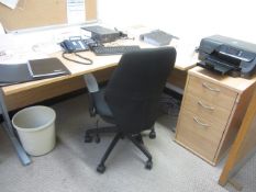 Wood effect corner workstation, 1200 x 800mm, two under desk wood effect pedestals, upholstered