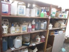 Contents of rack to include pine gel, washing up-liquid, floor cleaner, hand sanitiser station etc.