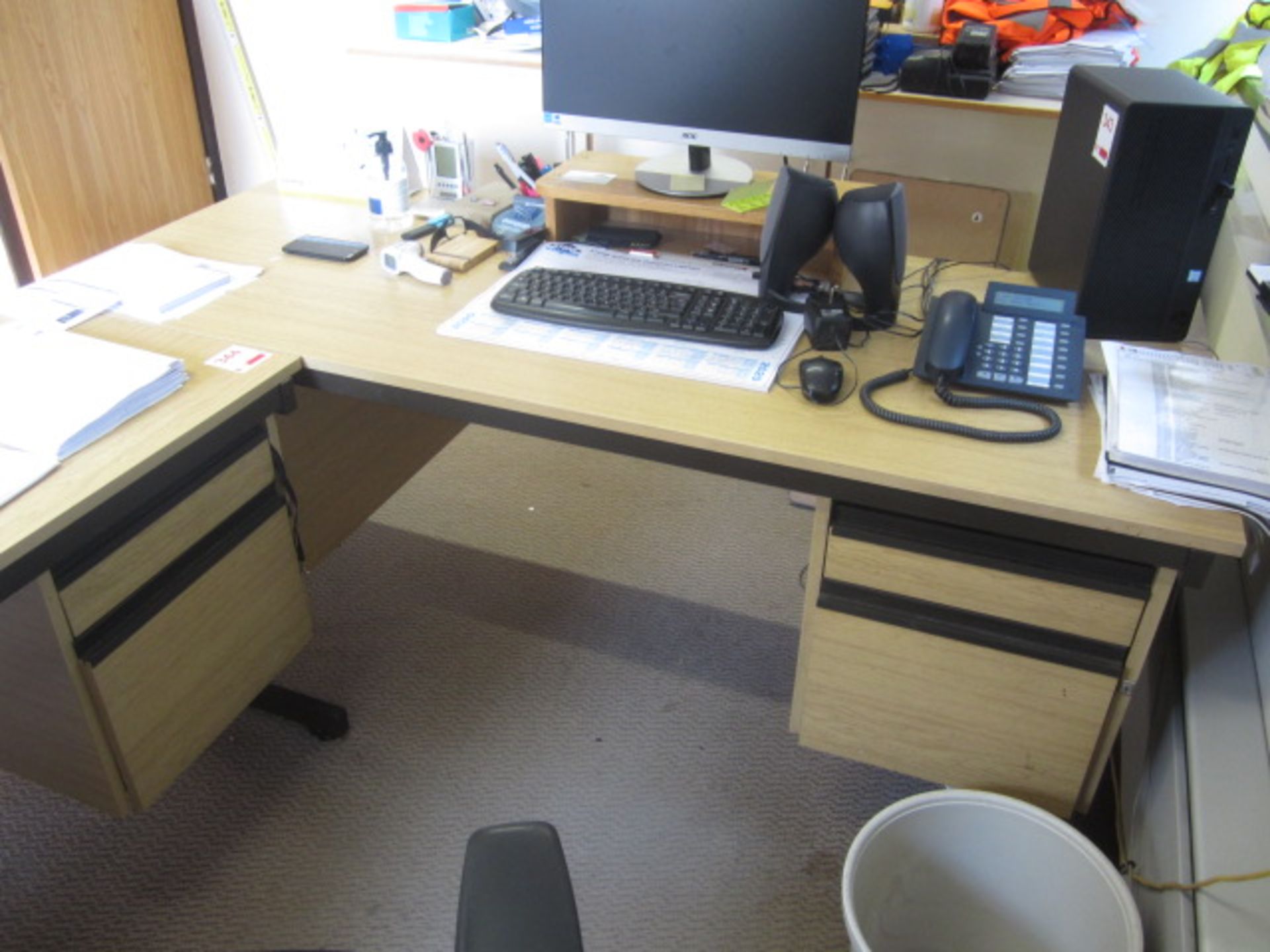 Two wood effect single pedestal desks, steel 2 drawer filing cabinet, upholstered swivel chair, - Image 2 of 6