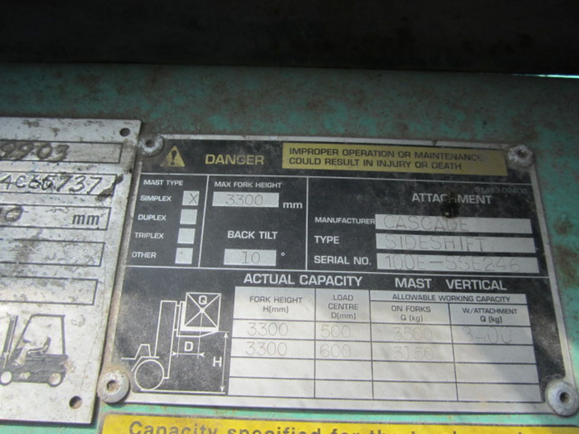 Mitsubishi 35 diesel powered duplex mast forklift truck, with side shift and all weather canopy, - Image 8 of 12