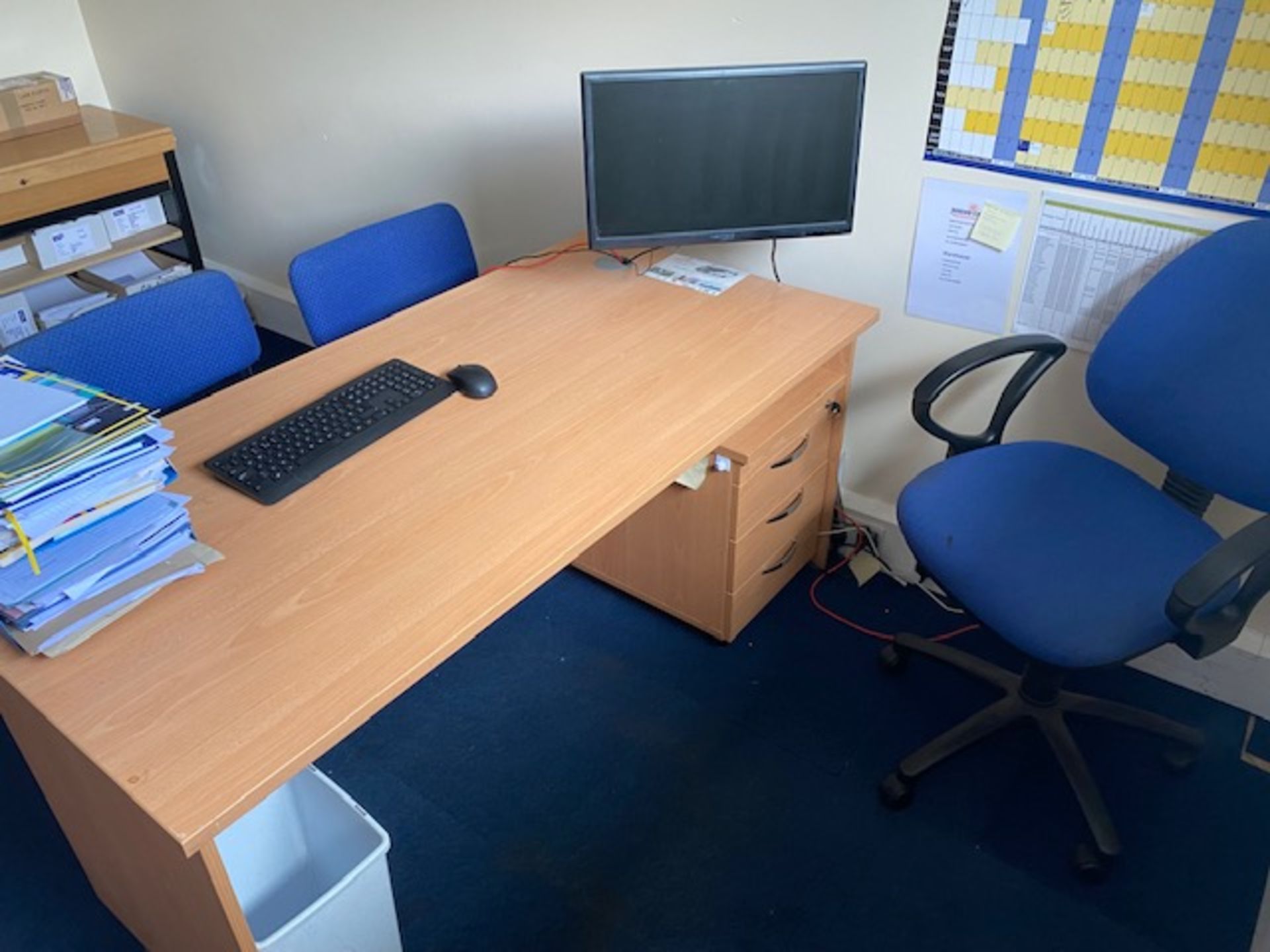 Contents of office to include desk with pedestal, wall mounted flat screen monitor, book case, - Image 2 of 4