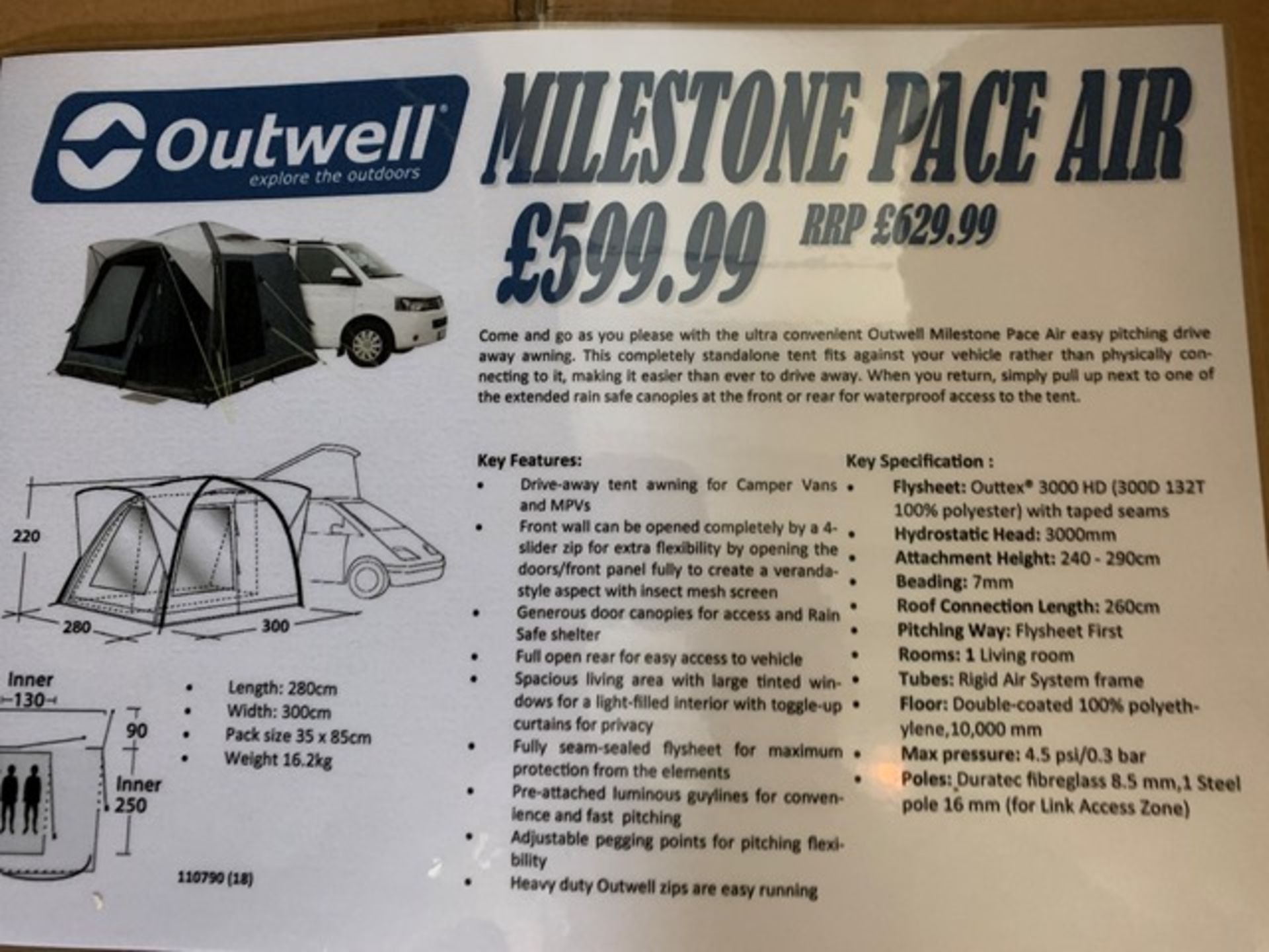 Outwell Milestone Pace Air drive away awning for campervans (Boxed) - Image 2 of 2