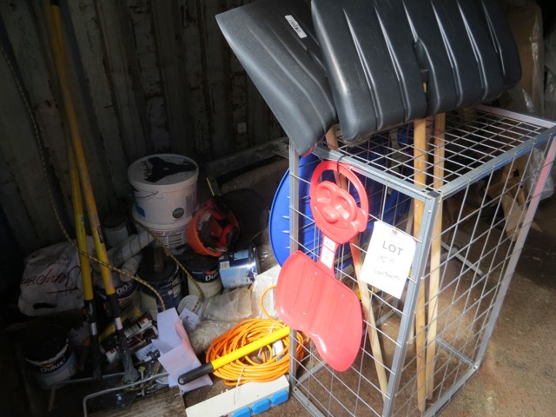 Contents of container to include racking, advertising stands and motorhome archive parts snow