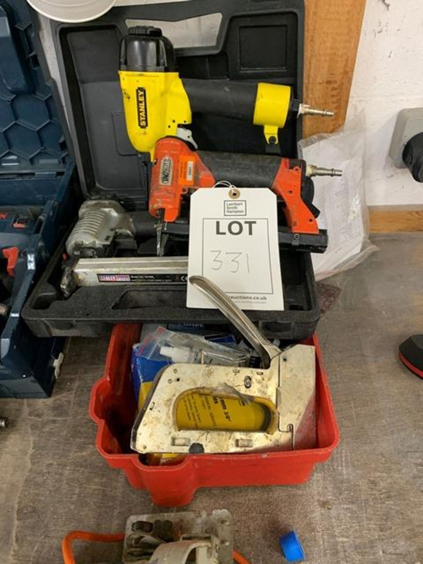 Various tools inc 3 x pneumatic nail guns, circular saw and 3 x rivet guns