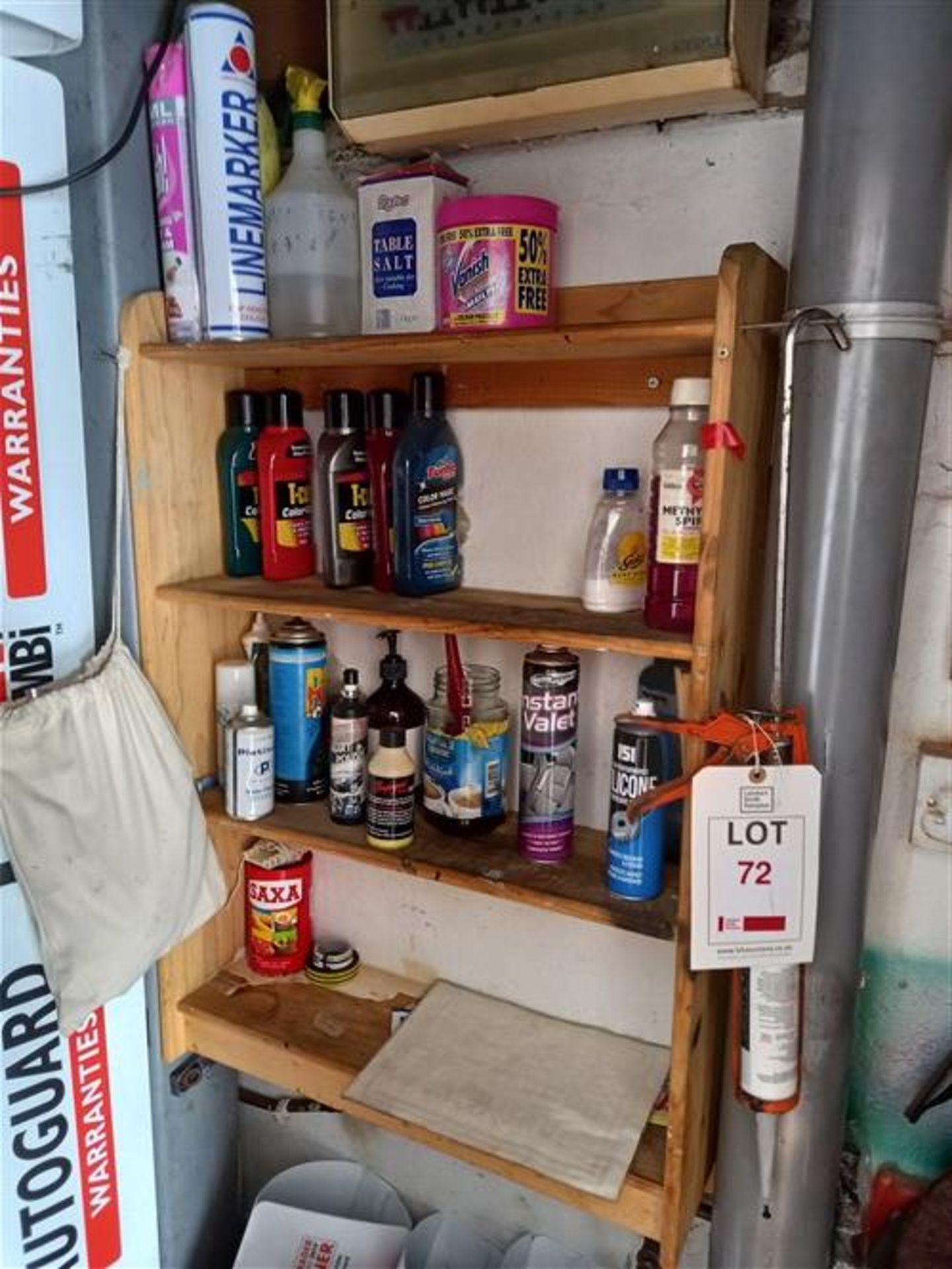 Contents to small store room comprising touch up paints and polishers and forecourt sundries