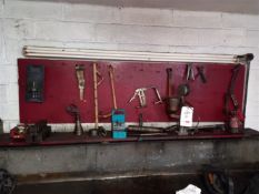 Qty of assorted workshop tools on wall board