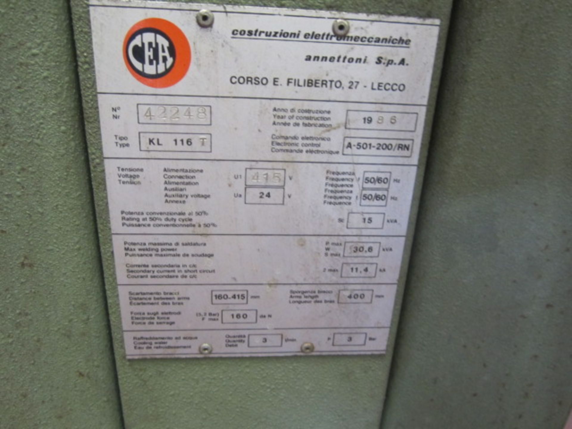 CEA KL116T spot welder, serial no. 42248 (1986). frequency 50/60 hz. max weld power 30.6 kva. - Image 5 of 6