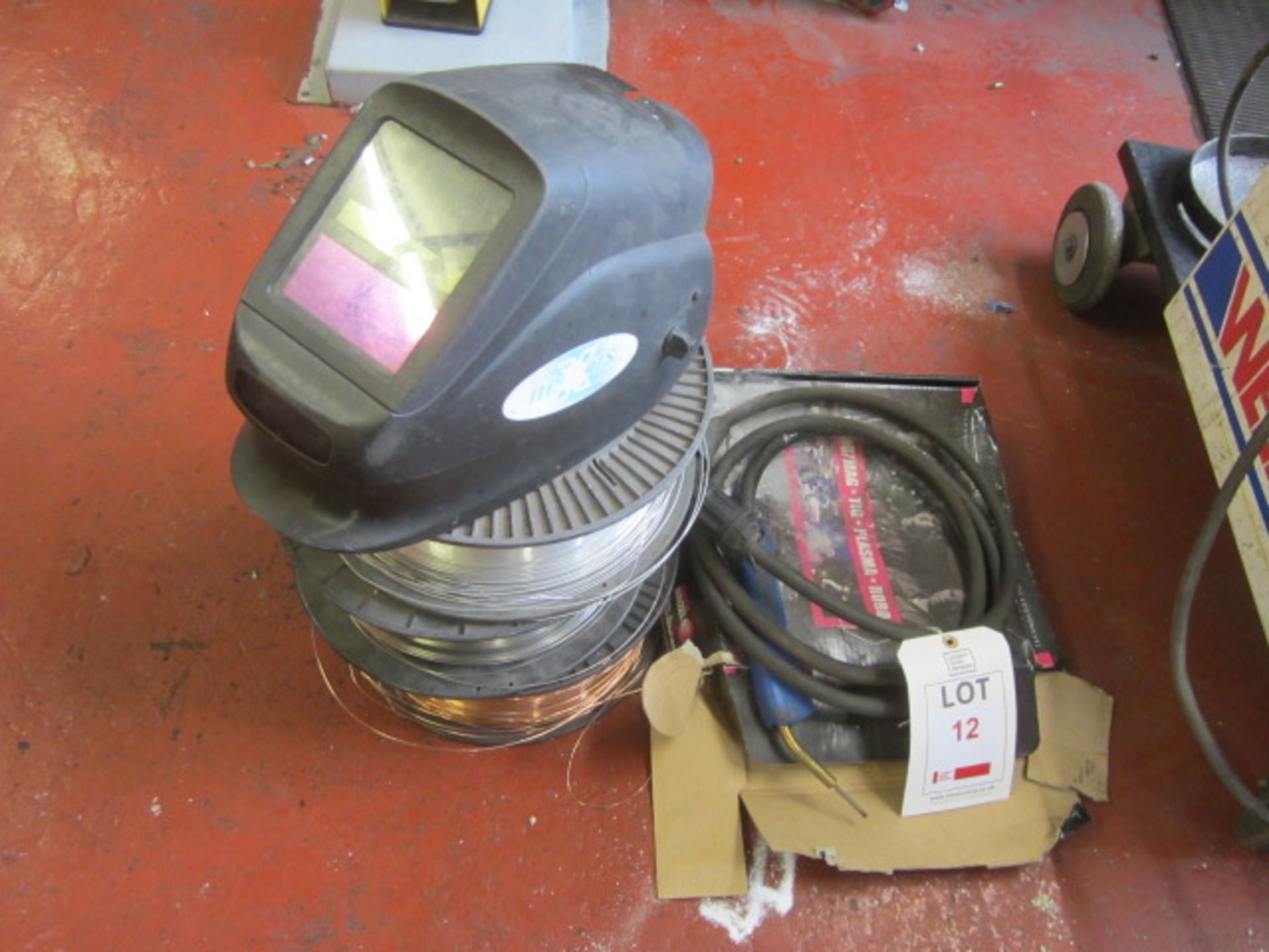 Quantity of assorted welding wire as lotted, welders mask & gun