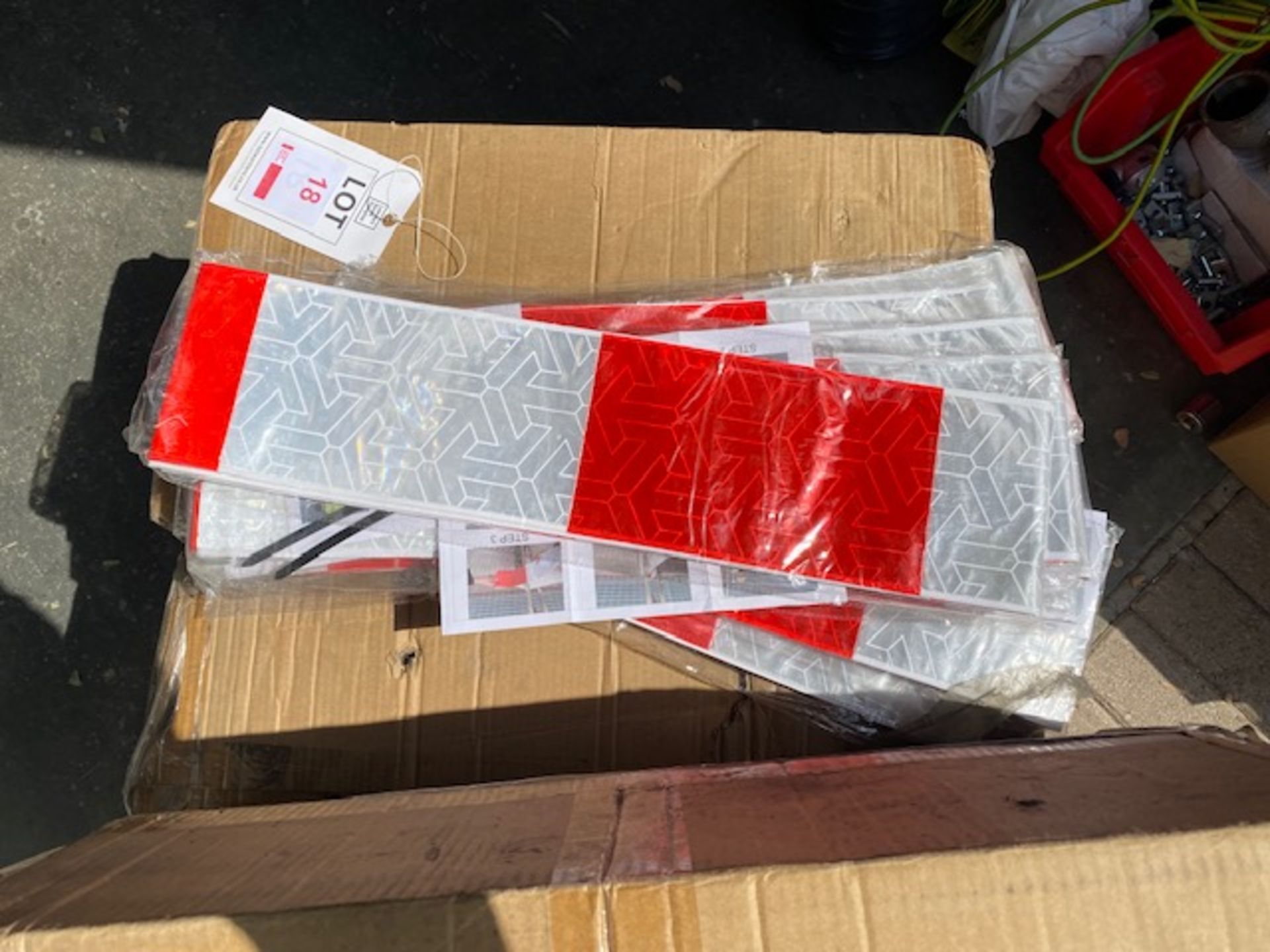 One hundred unused red & white reflective strips 3741mm long drawing No LKWL249 rev P5 * This lot is