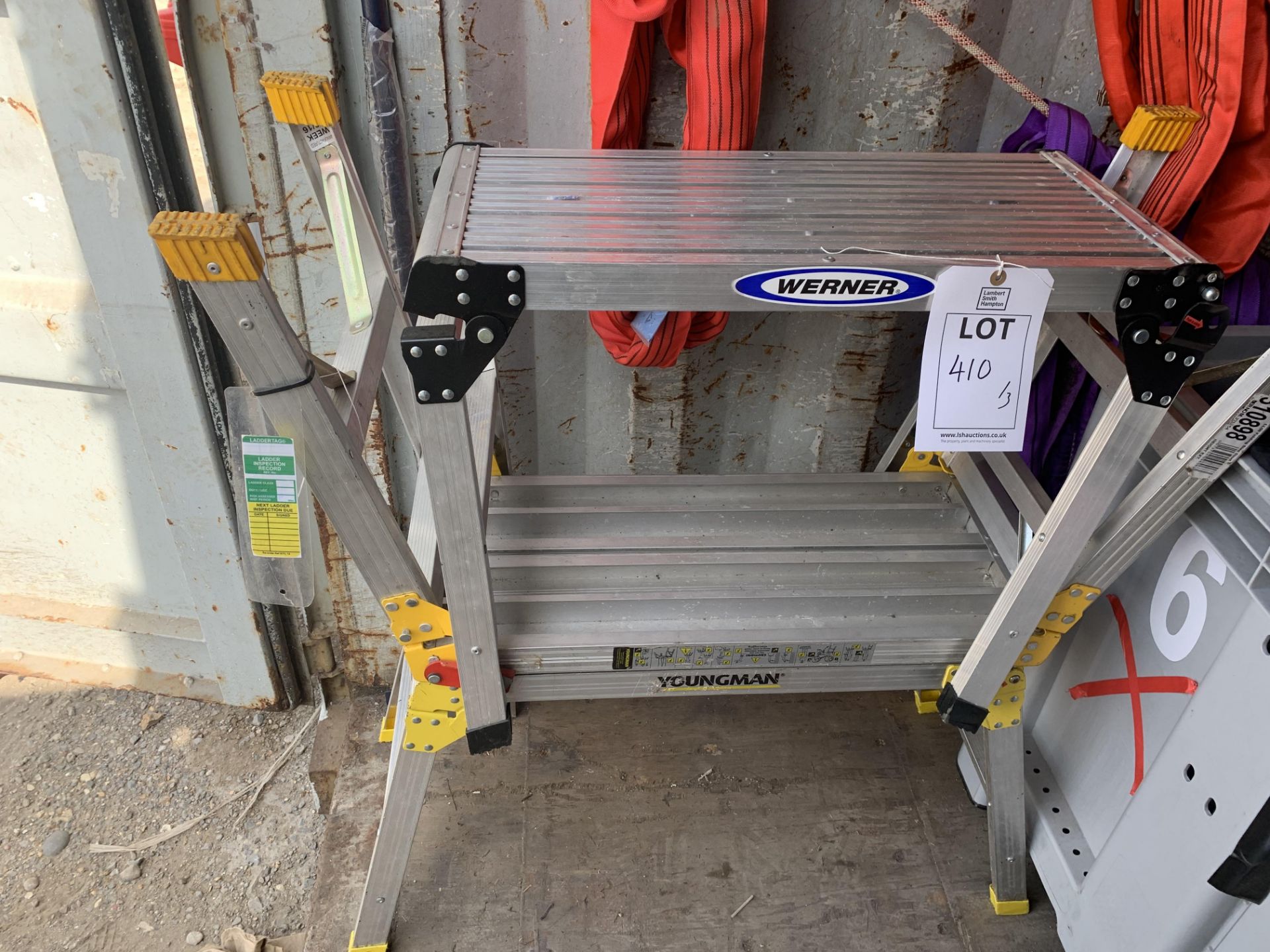 3 x Aluminium fold away work platforms 50cm height (2x Youngmans, 1x Werner) *This lot is located at