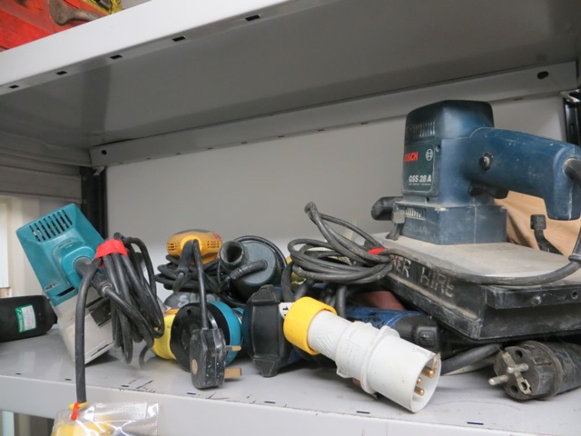 Contents of six shelves to include various complete and incomplete tools to include Bosch GSS28A