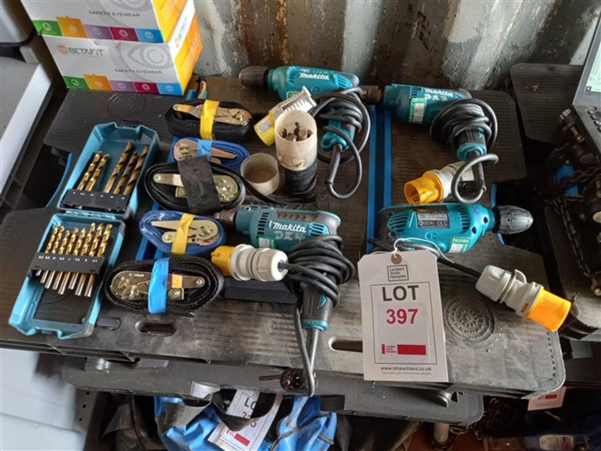 2 x Makita DP2010 110v Drills and 2 x Makita 6413 110V drills with various drill bits and 5 x