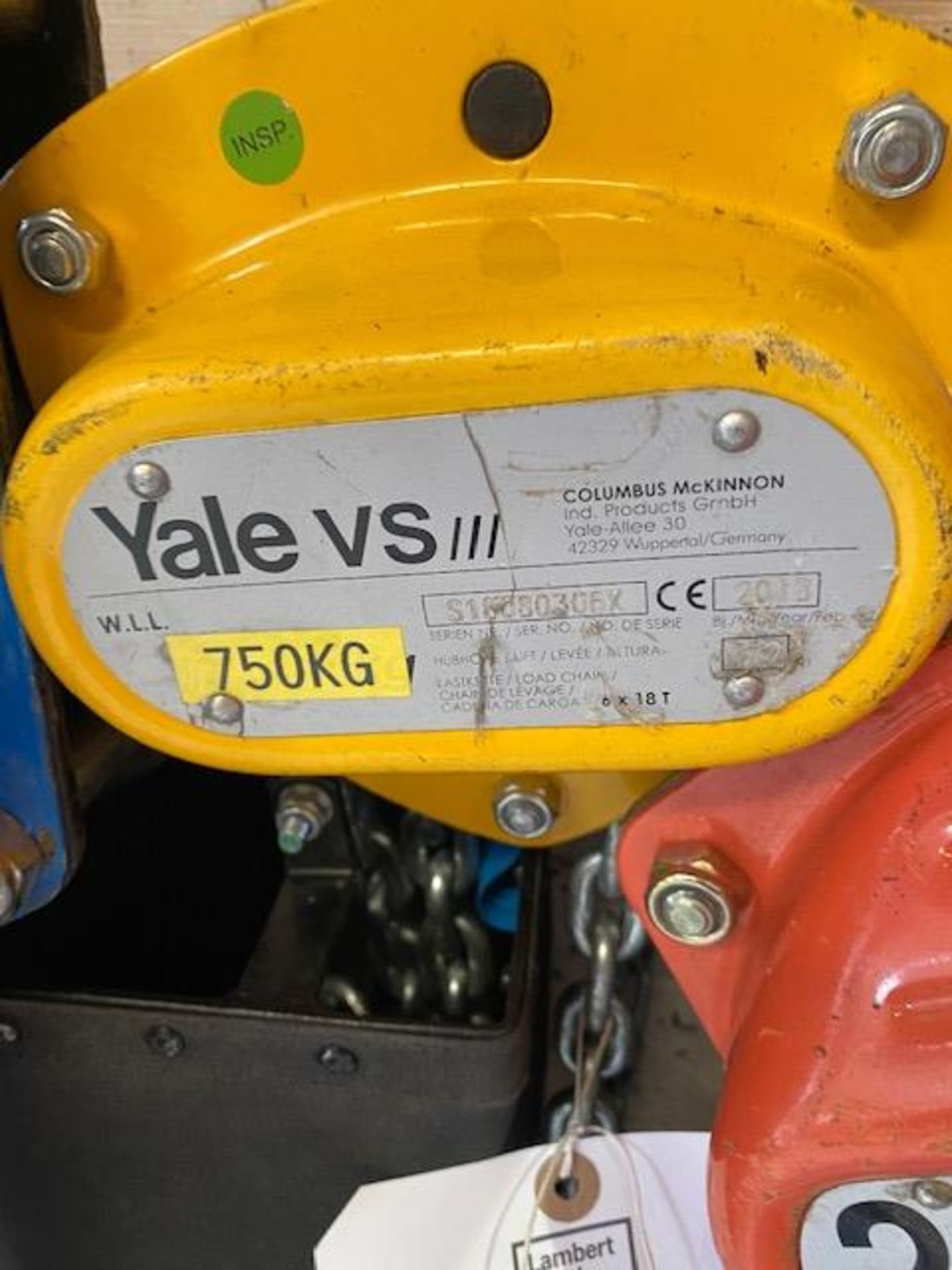 Yale V5 750Kg chain hoist s/n 518080306X (2018). *N.B. This lot has no record of Thorough - Image 2 of 2