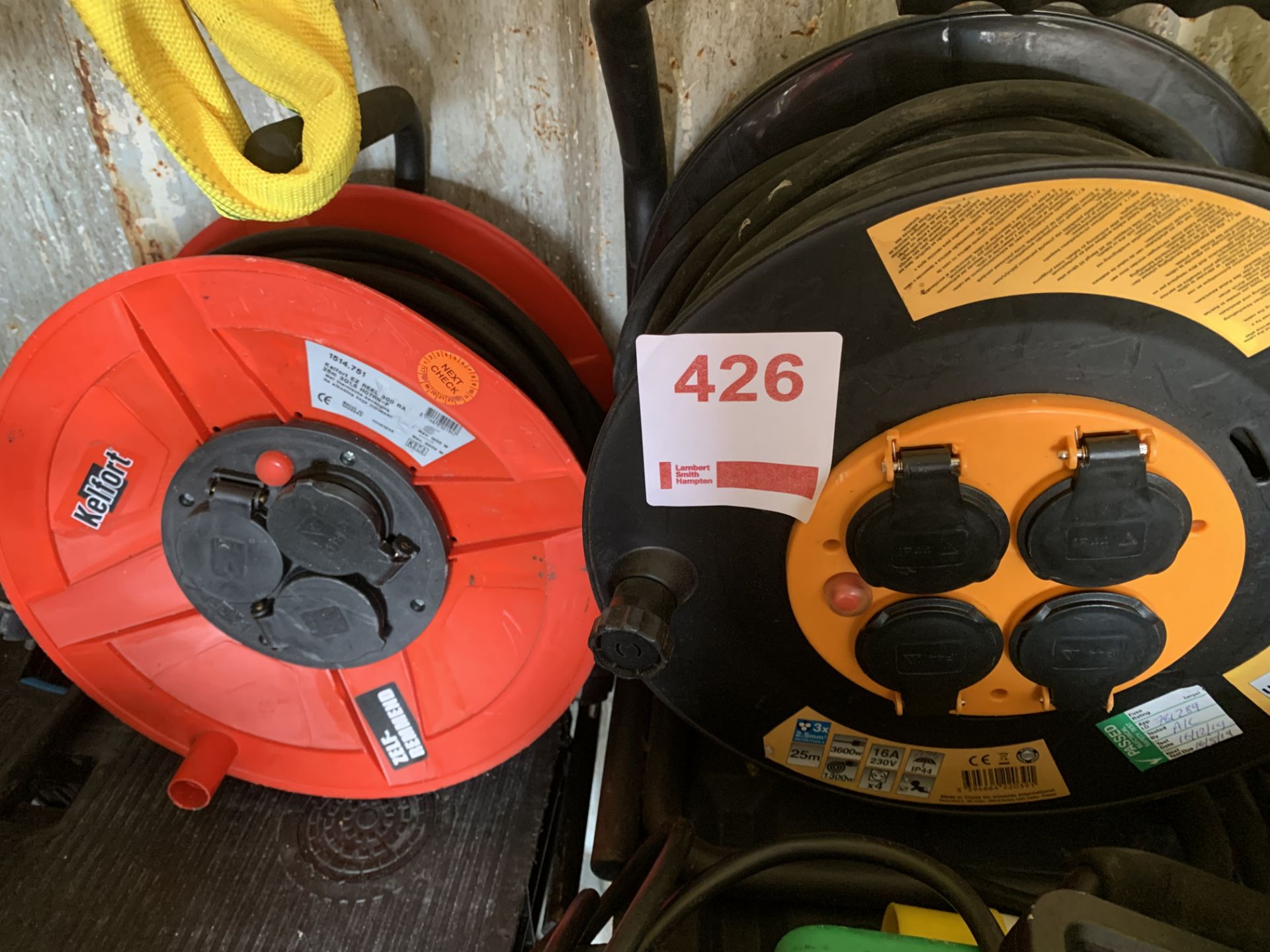 Twocable reels round sockets 25M *This lot is located at Gibbard Transport, Fleet Street Corringham,