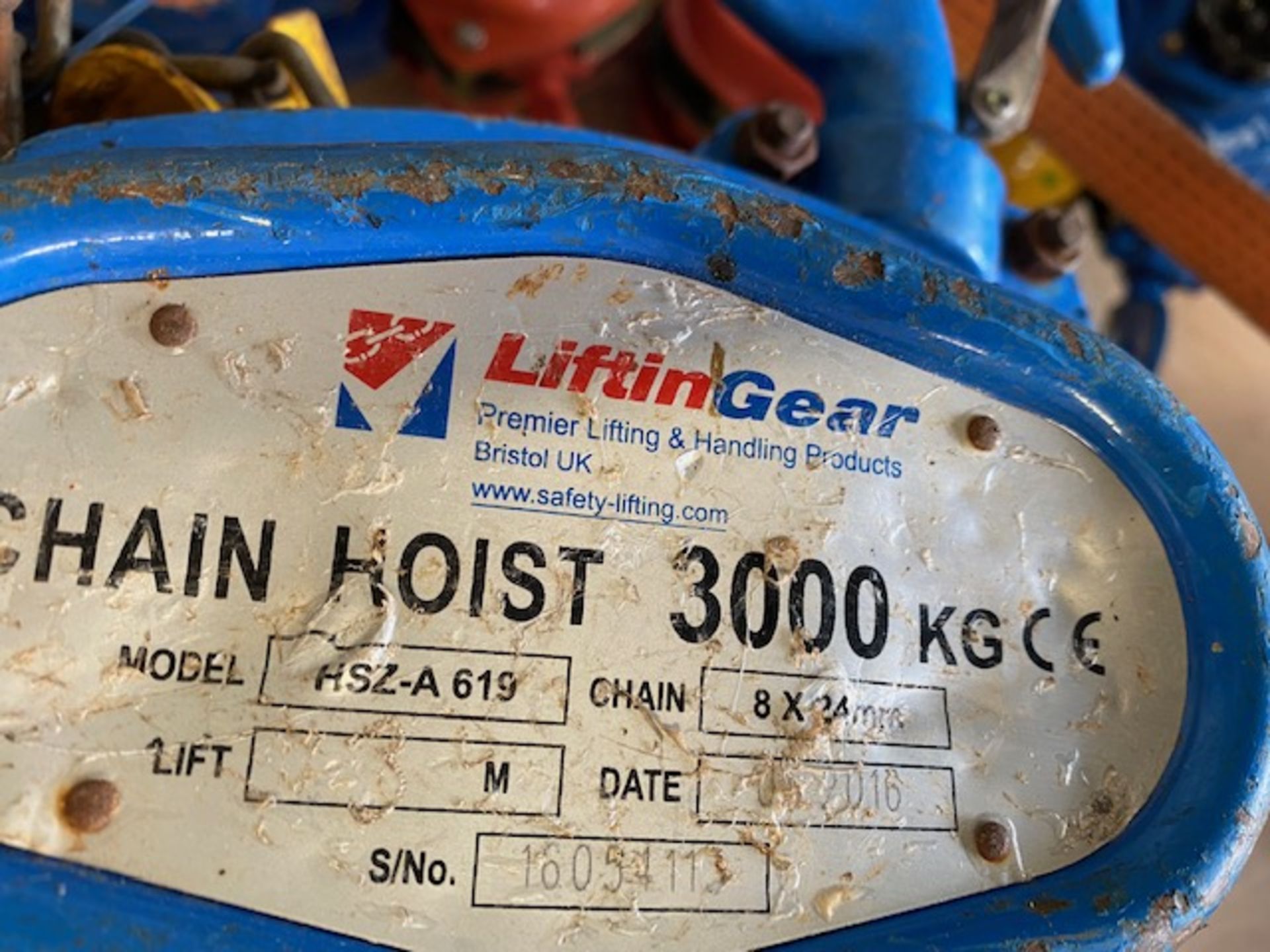 Lifting Gear 3000Kg 3m chain hoist s/n 16051113 (2016). *N.B. This lot has no record of Thorough - Image 2 of 2