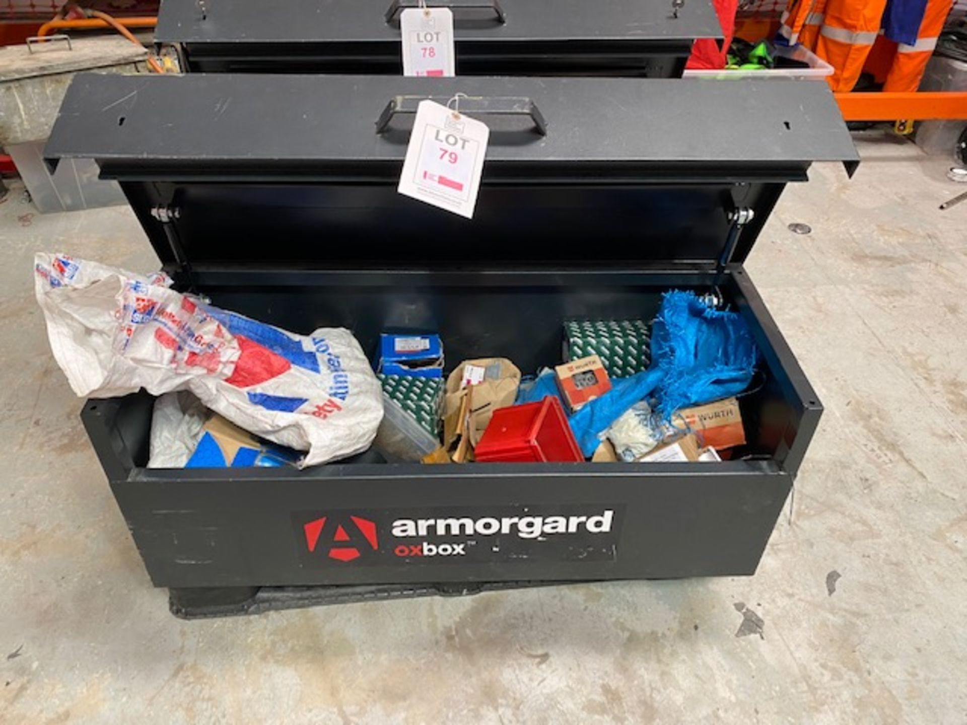 Armorguard OxBox 2, Site Storage Box no keys & contents of nuts & bolts as lotted * This lot is