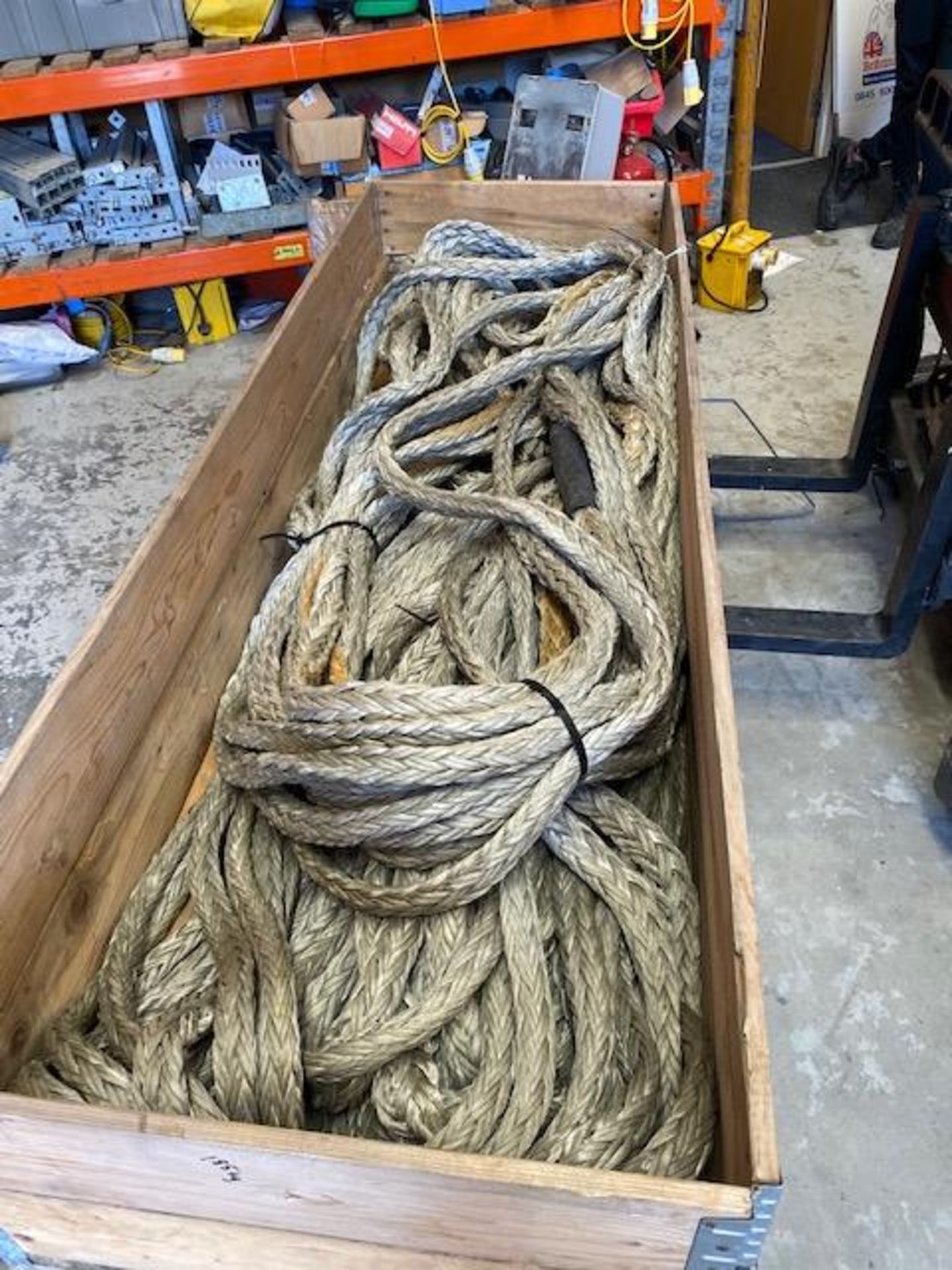 Wooden crate with approx. 100m Dynamo rope for winch * This lot is located at Unit 15, Horizon