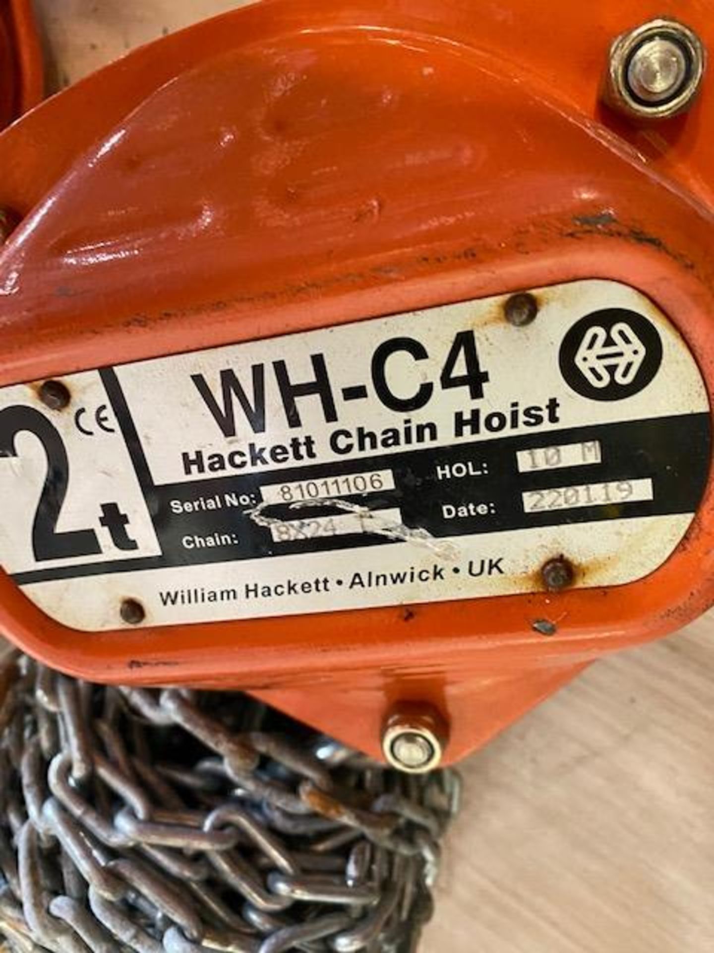 Two WH-C4 Hackett 2 tonne chain hoists s/n 81011106 & 8 (2019). *N.B. This lot has no record of - Image 2 of 3