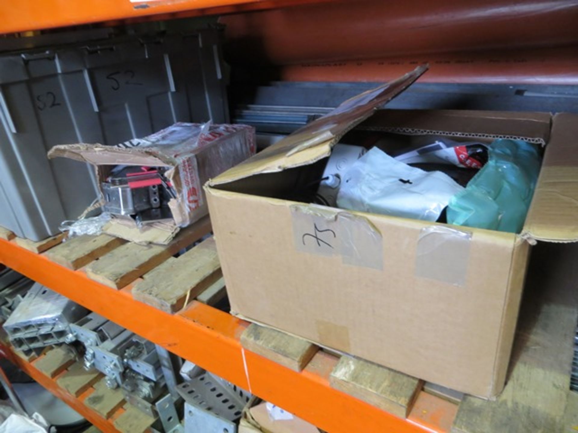 Three shelves of various nuts, washers, spill kits, angle iron, plates, threaded bar, brackets, - Image 3 of 9