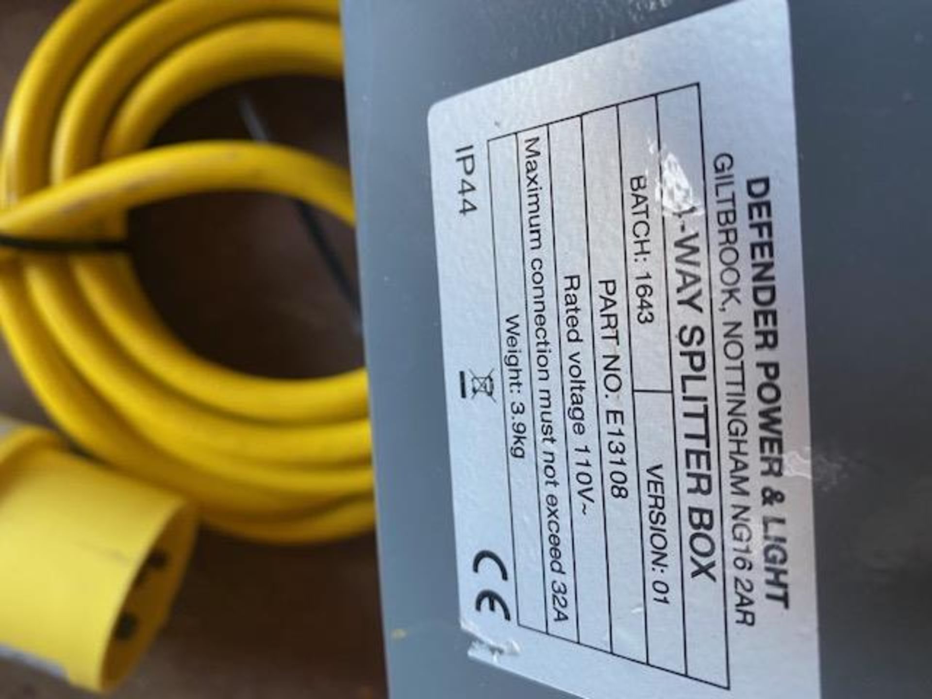 Defender IP44 power & light 4 way splitter box c/w two extension cables *This lot is located at - Image 2 of 2