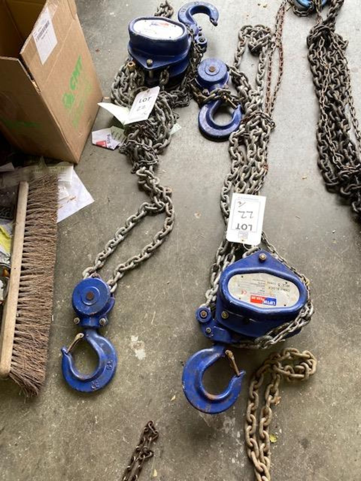 Two Lifting Gear UK 5 tonne chain blocks model VCB 3M s/n 8719316 (2018). *N.B. This lot has no