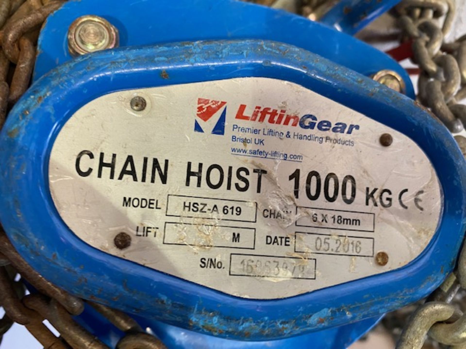 Two Lifting Gear 1000Kg chain hoist s/n 16054028 & 16053979 (2016). *N.B. This lot has no record - Image 3 of 3