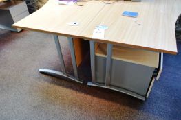 Two light oak effect L shape desks and two light oak effect 3 drawer pedestal units