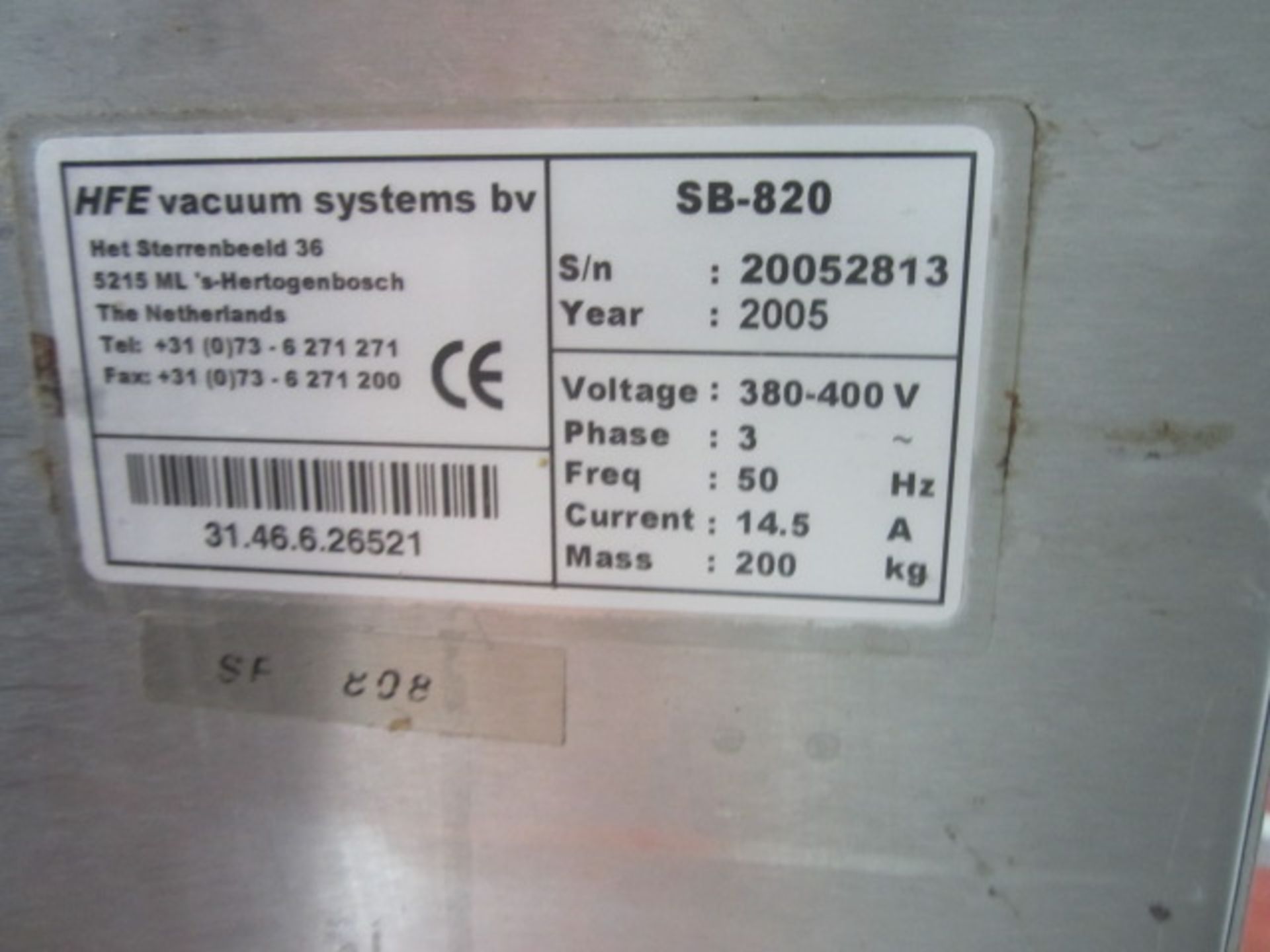 HFE Turbovac vacuum packer, 800 x 500mm chamber size, model SB-820, serial no. 20052813 (2005), 3 - Image 4 of 4