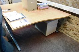 Two light oak effect L shape desks and two light oak effect 3 drawer pedestal units