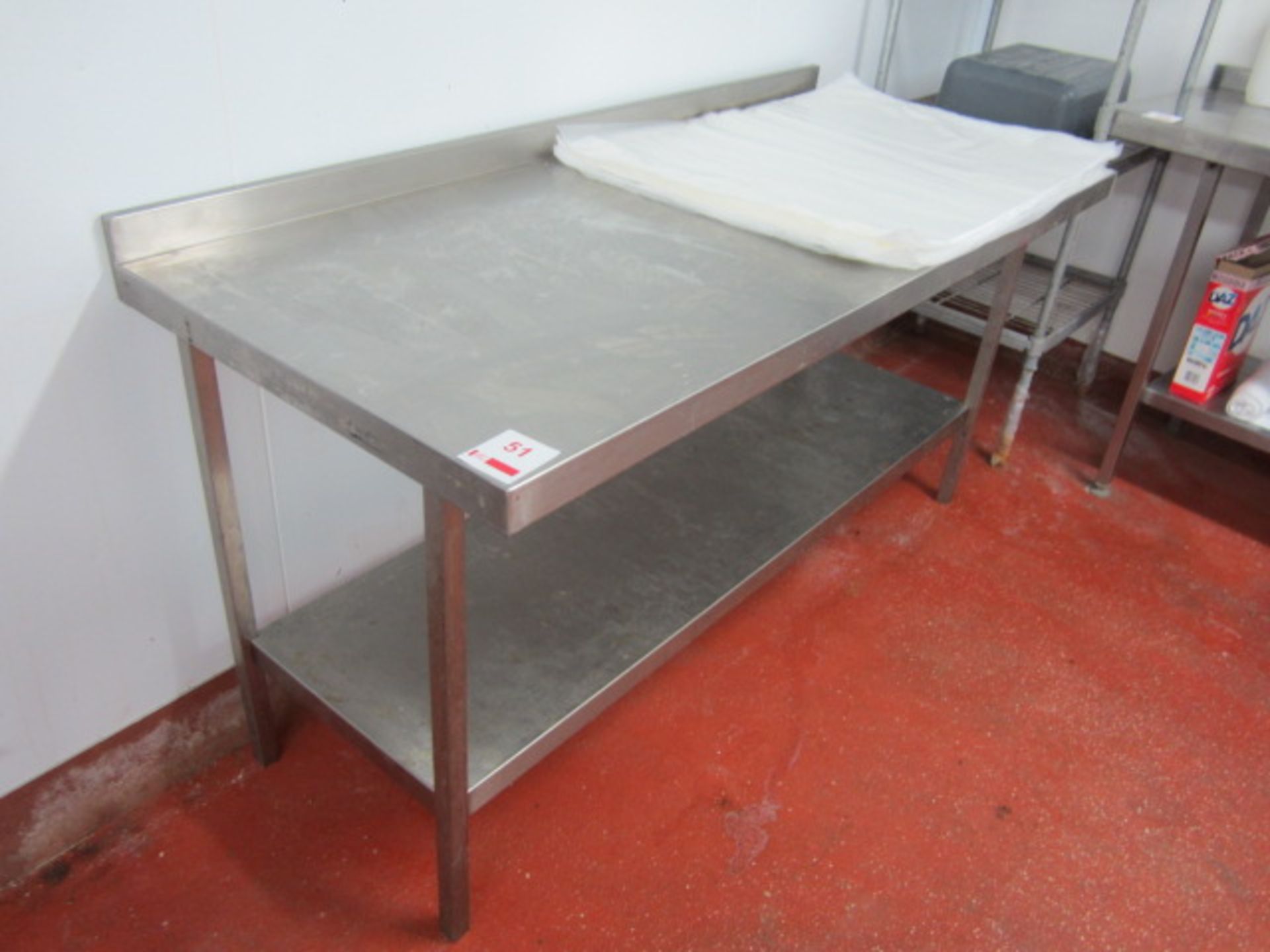 Stainless steel topped rectangular prep table, with shelf, approx 1600 x 700 x 810mm