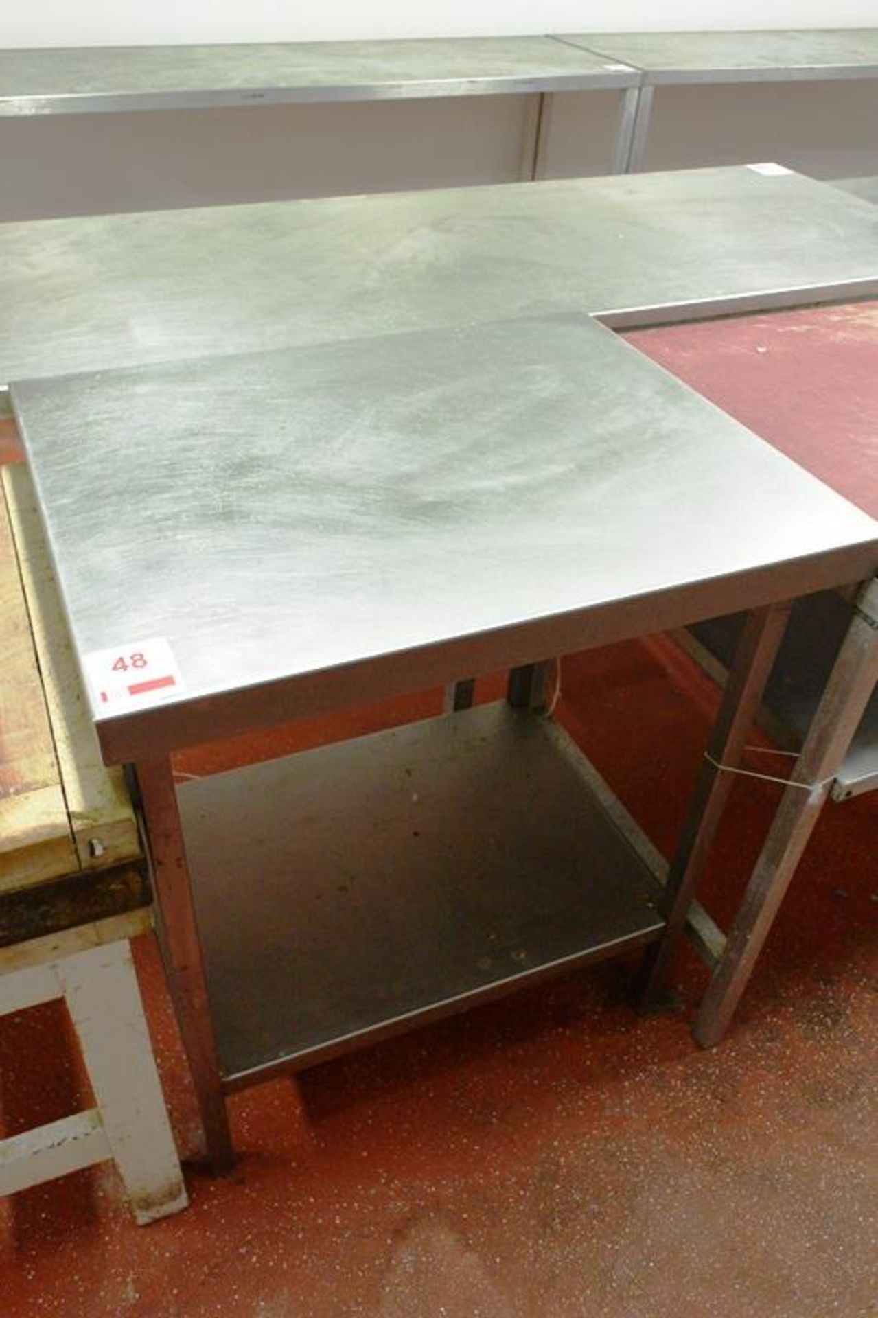 Stainless steel topped rectangular prep table, with shelf, approx 750 x 600 x 880mm
