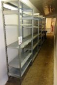 Six bays of adjustable boltless stores racking, approx bay width 940mm, depth 390mm, height 2000mm