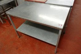 Stainless steel topped single shelf rectangular table, approx 1150 x 690 x 860mm
