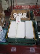 Four plastic crates and contents to include various thermal print receipt rolls, labels, stickers,
