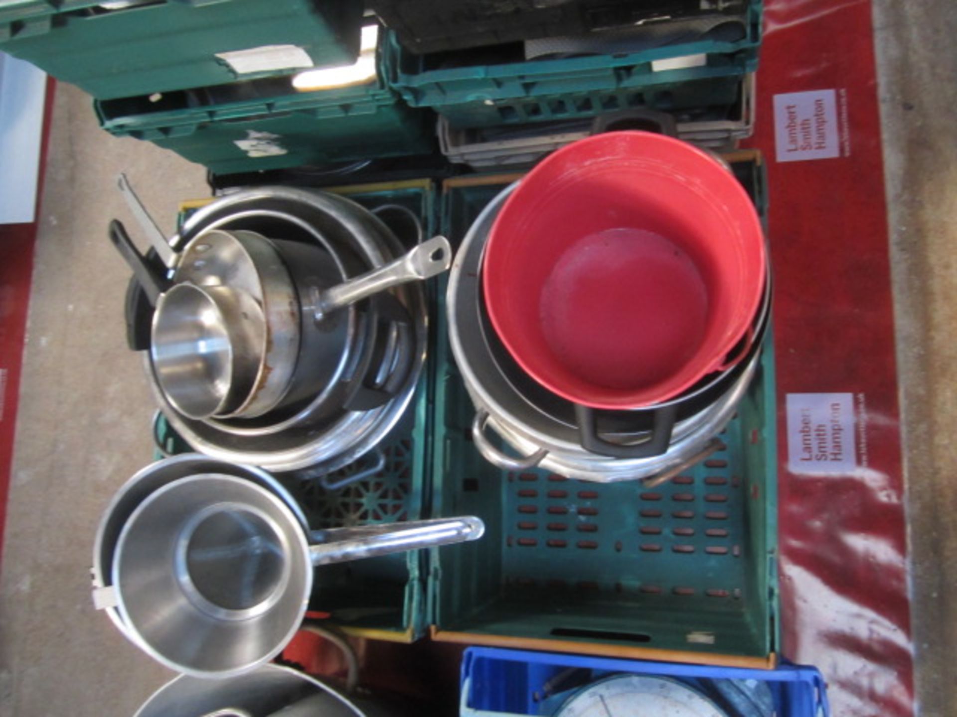 Twelve plastic crates and contents to include various pots, pans, serving trays, display baskets, - Image 2 of 10