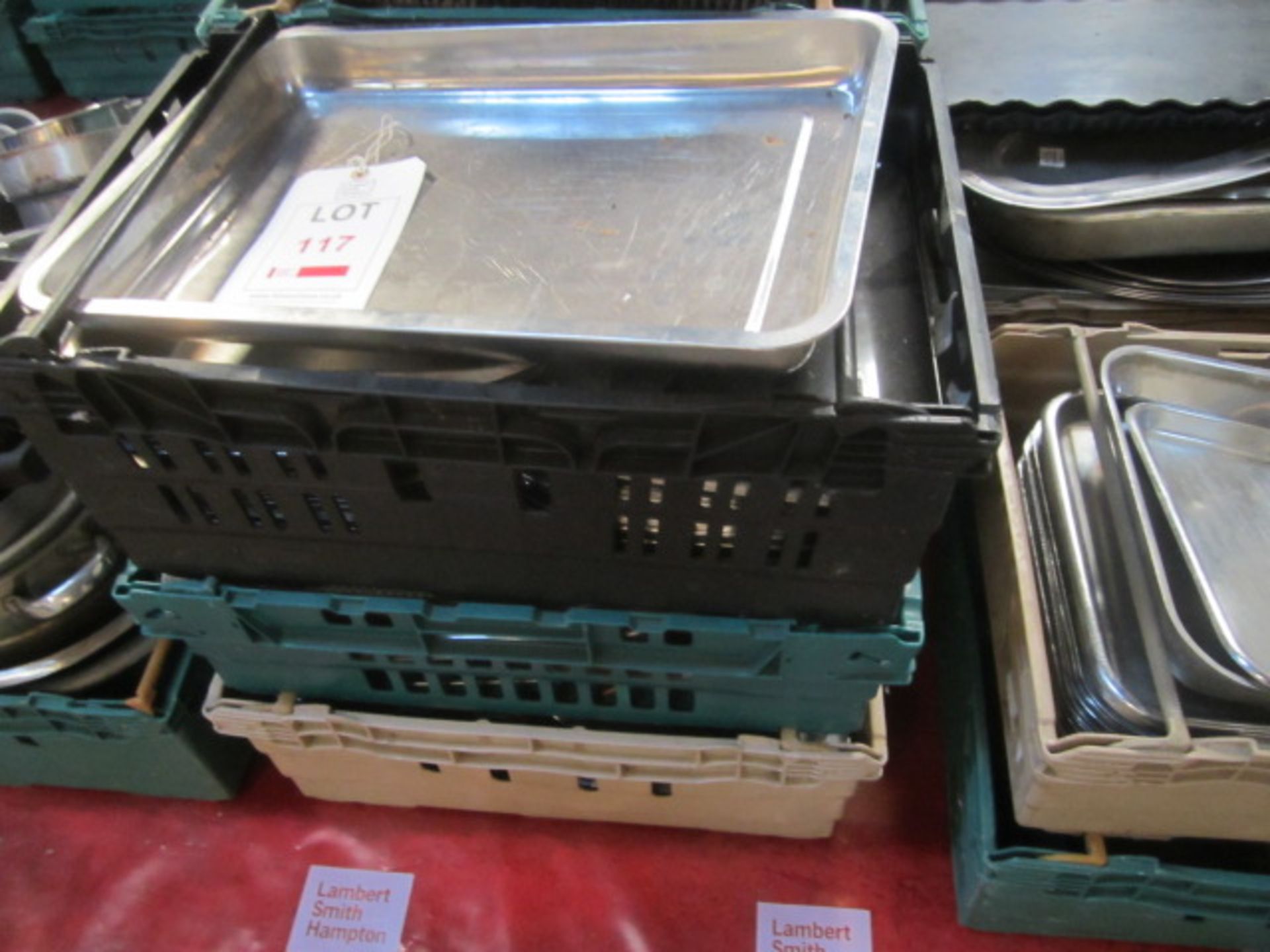 Twelve plastic crates and contents to include various pots, pans, serving trays, display baskets, - Image 6 of 10