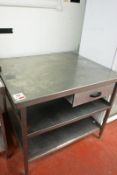 Stainless steel two shelf/single drawer table, approx 1050 x 850 x 890mm