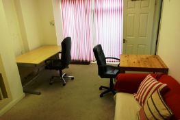 Two various desks, two light oak effect chairs, laminate shelving, two seater cloth upholstered sofa