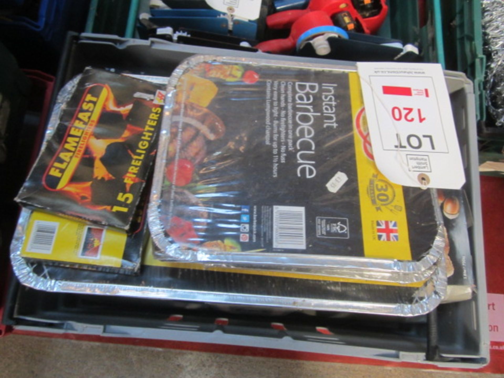 One plastic crate and contents to include various instant BBQs, fire lighters, smoking pellets,