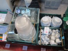 Six plastic crates and contents to include various display jars, teapots, crockery