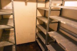 Three bays of adjustable boltless stores racking, approx bay width 940mm, depth 390mm, height