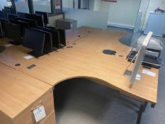 Six wave fronted light oak veneer desks c/w six deskhigh pedestals and two 4 drawer light oak veneer