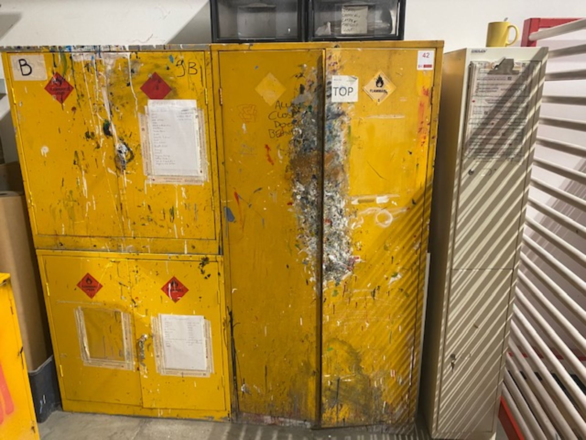 Six various chemical cupboards & a two section locker unit