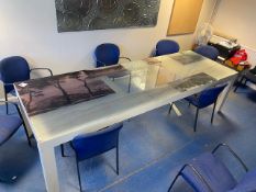 Steel framed glass top table L 3m x W 1m x H .78m