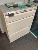 Two white steel roller fronted cabinets, two white steel 3 drawer cabinets, two drawer white steel