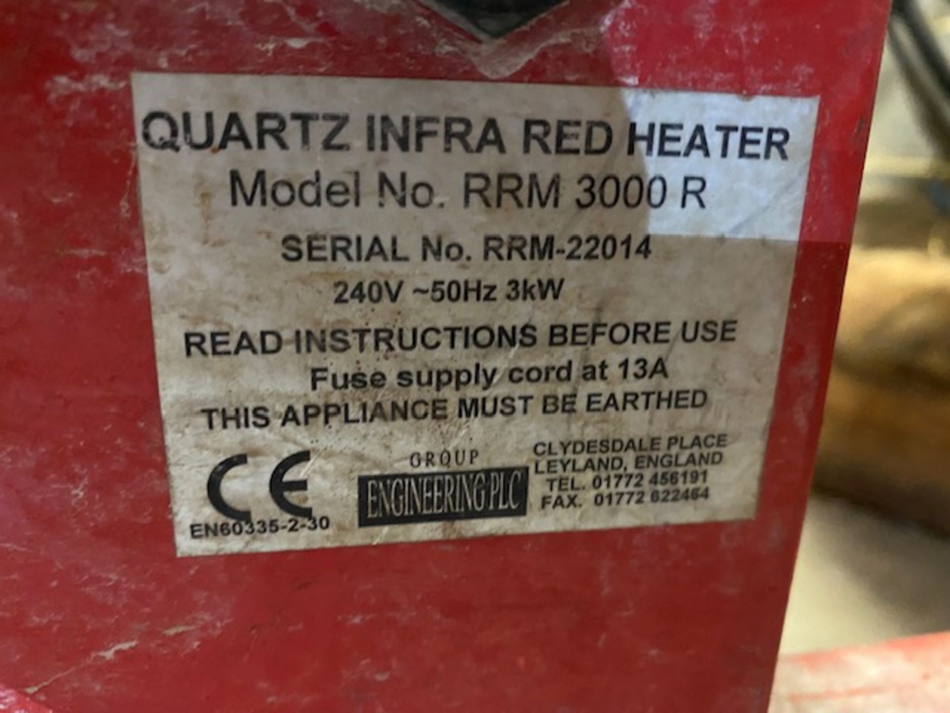 Two Quartz infra red heaters model RRL 3000 R (needs replacement lamps) - Image 2 of 2